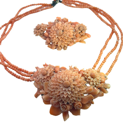 Early Victorian, Sterling Silver, Italian Coral suite of necklace, bracelet, pin and earrings