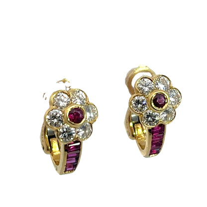 Modern 18KY gold, ruby and diamond floral earrings
