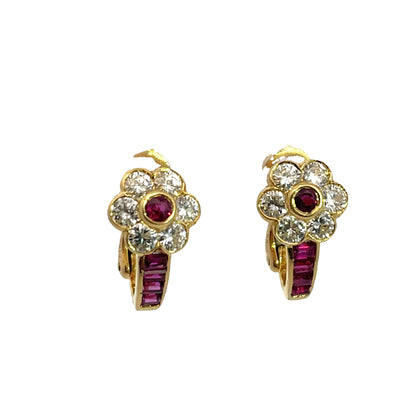 Modern 18KY gold, ruby and diamond floral earrings