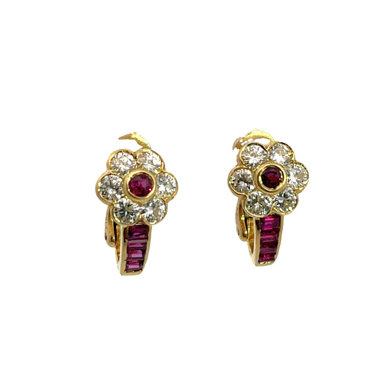 Modern 18KY gold, ruby and diamond floral earrings