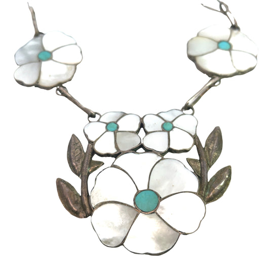 Native American Sterling Silver, mother of pearl, and turquoise 'Desert Rose' necklace