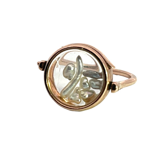Victorian 9K yellow gold and glass locket ring
