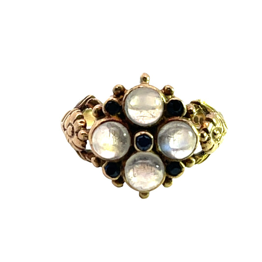 Art Noveau 9 carat gold, moonstone and sapphire ring