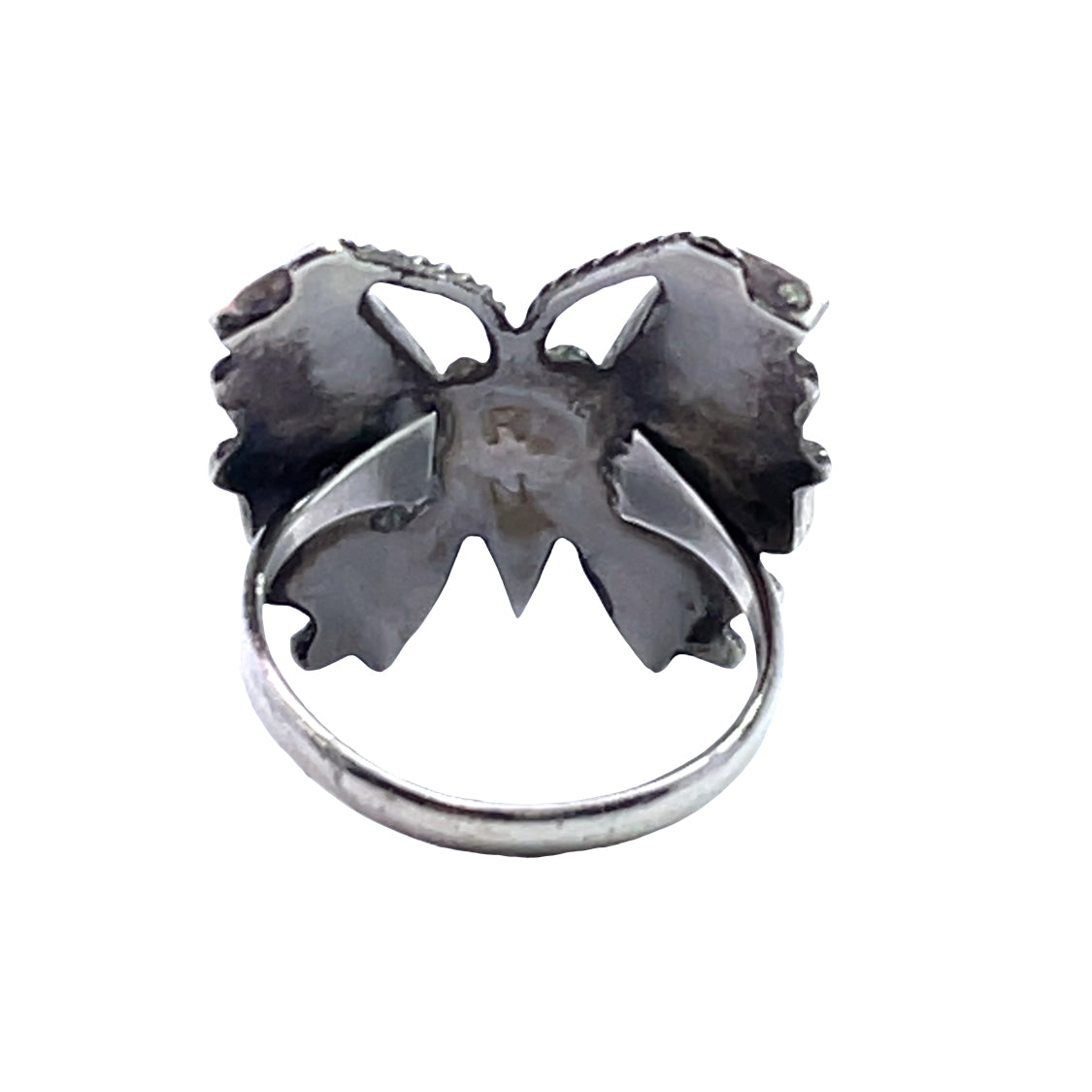 Native American Sterling Silver, mother of pearl, turquoise, onyx and coral butterfly ring
