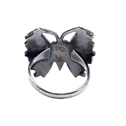 Native American Sterling Silver, mother of pearl, turquoise, onyx and coral butterfly ring