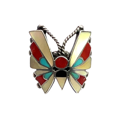 Native American Sterling Silver, mother of pearl, turquoise, onyx and coral butterfly ring