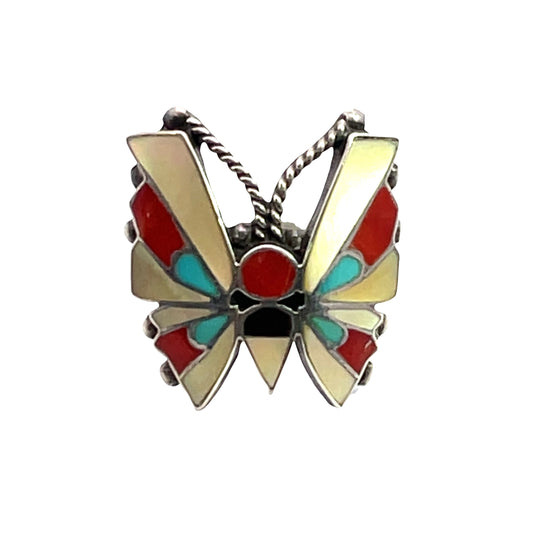 Native American Sterling Silver, mother of pearl, turquoise, onyx and coral butterfly ring
