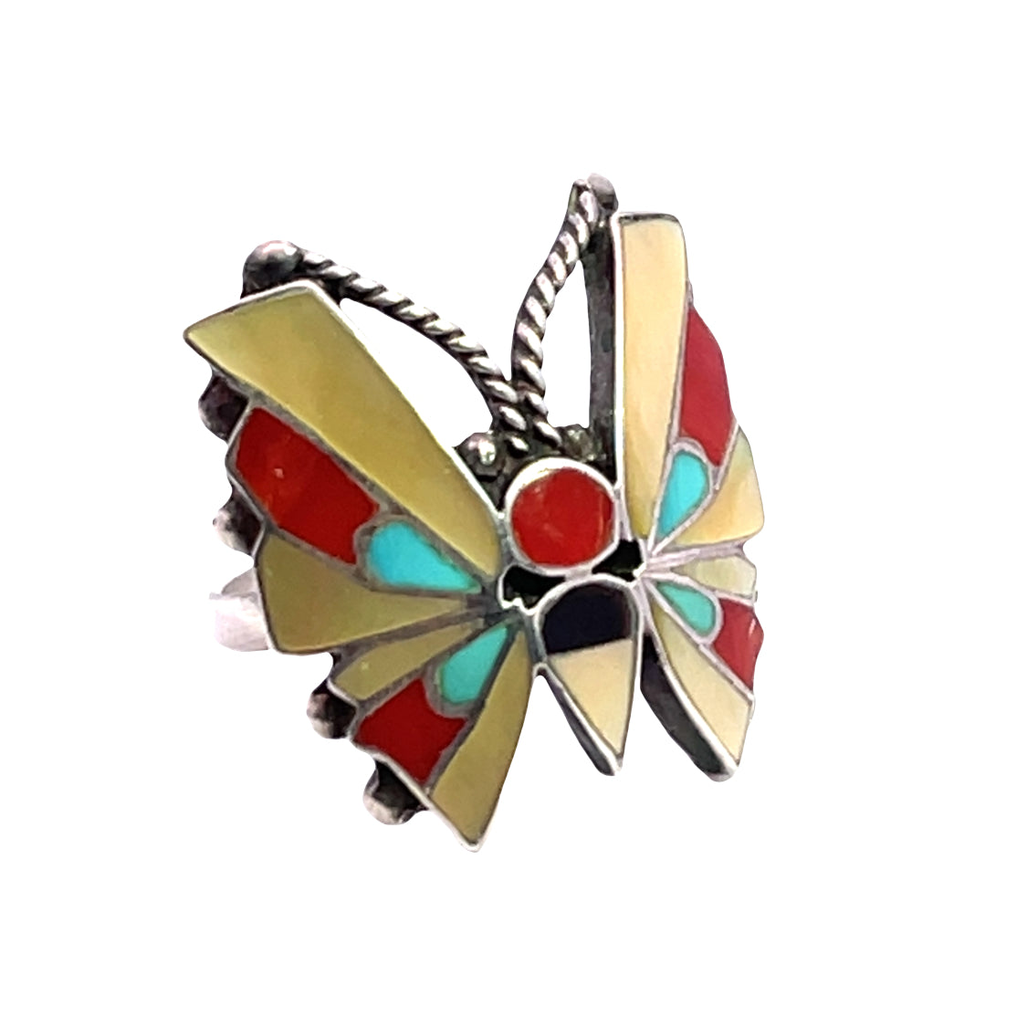 Native American Sterling Silver, mother of pearl, turquoise, onyx and coral butterfly ring