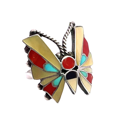 Native American Sterling Silver, mother of pearl, turquoise, onyx and coral butterfly ring