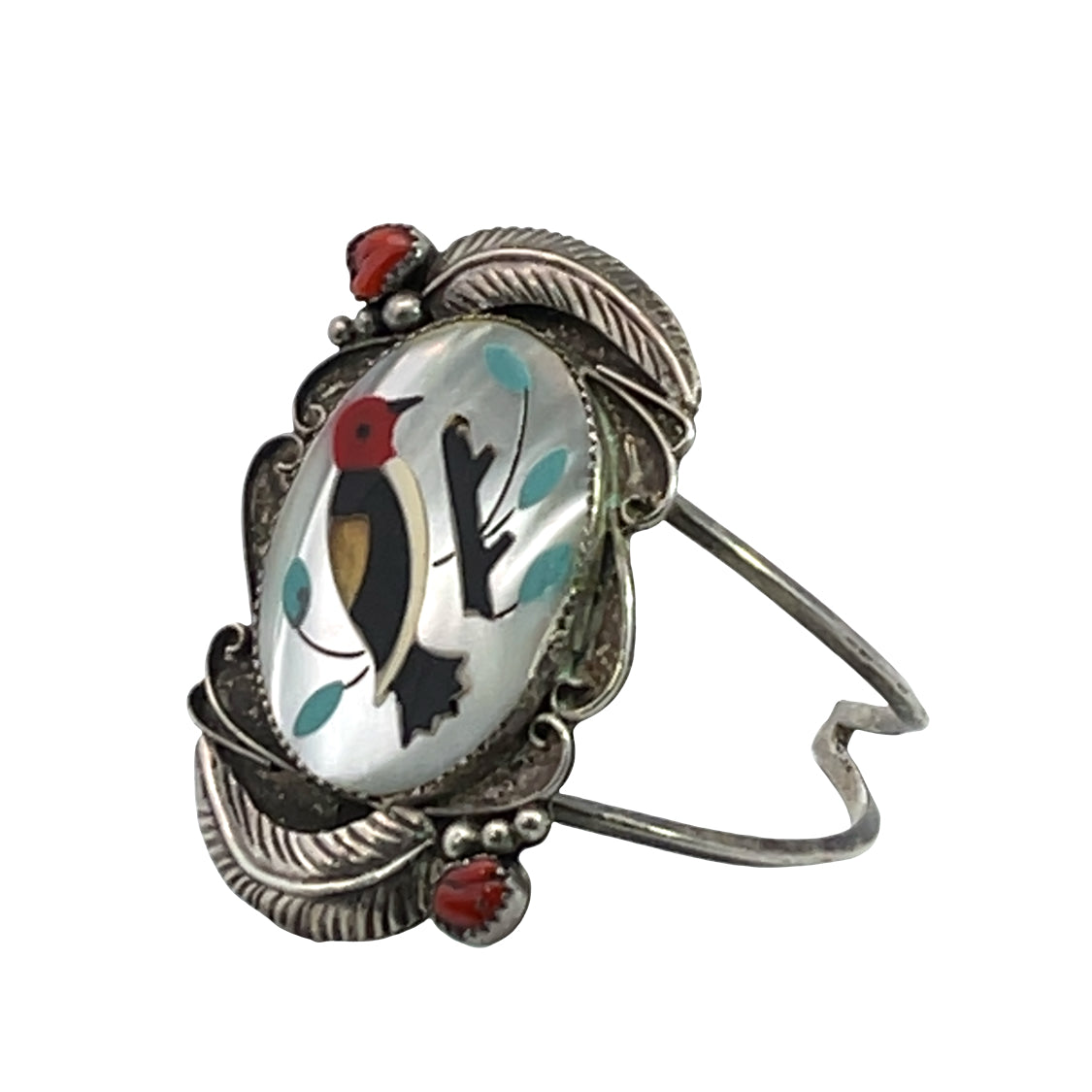 Native American Sterling silver, coral, onyx, mother of pearl and turquoise inlay bracelet