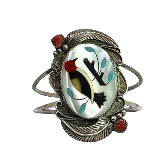Native American Sterling silver, coral, onyx, mother of pearl and turquoise inlay bracelet