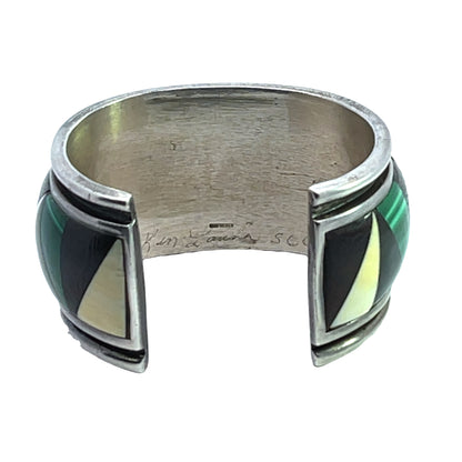 Native American Sterling silver, bone, malachite, jet, mahogany cuff bracelet