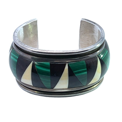 Native American Sterling silver, bone, malachite, jet, mahogany cuff bracelet