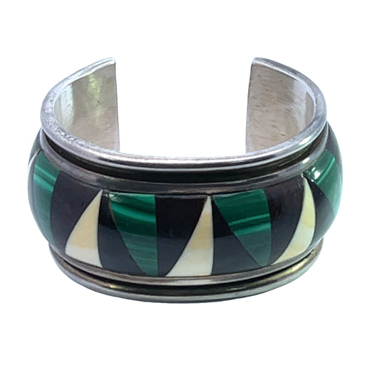 Native American Sterling silver, bone, malachite, jet, mahogany cuff bracelet