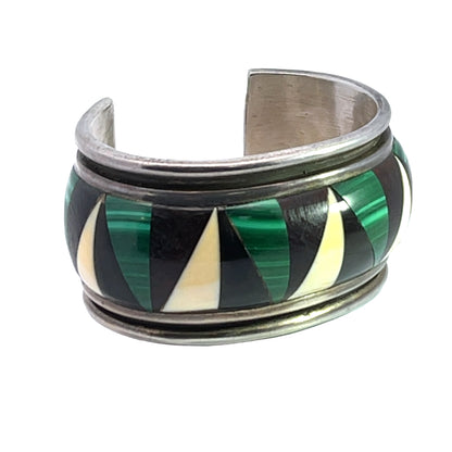 Native American Sterling silver, bone, malachite, jet, mahogany cuff bracelet