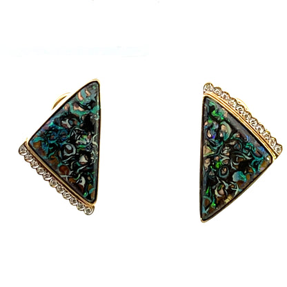 Modern 18KY gold Koroite opal and diamond omega clip earrings