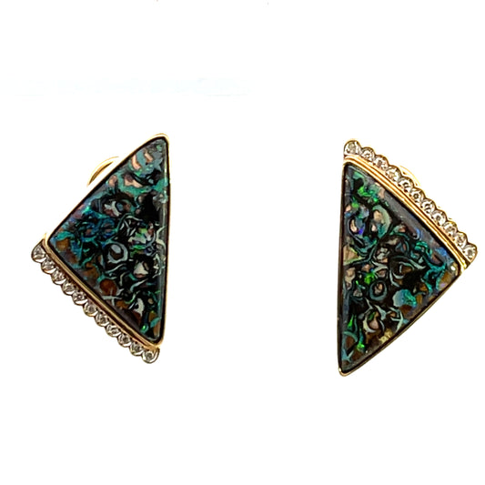 Modern 18KY gold Koroite opal and diamond omega clip earrings