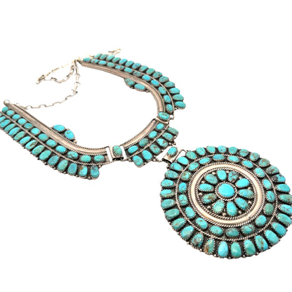 Native American Sterling Silver and Turquoise squash blossom collar necklace