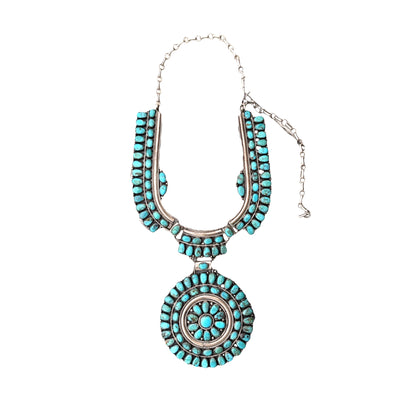 Native American Sterling Silver and Turquoise squash blossom collar necklace