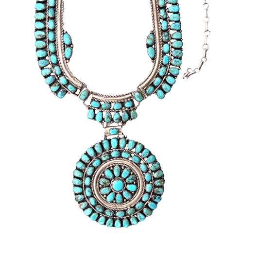 Native American Sterling Silver and Turquoise squash blossom collar necklace