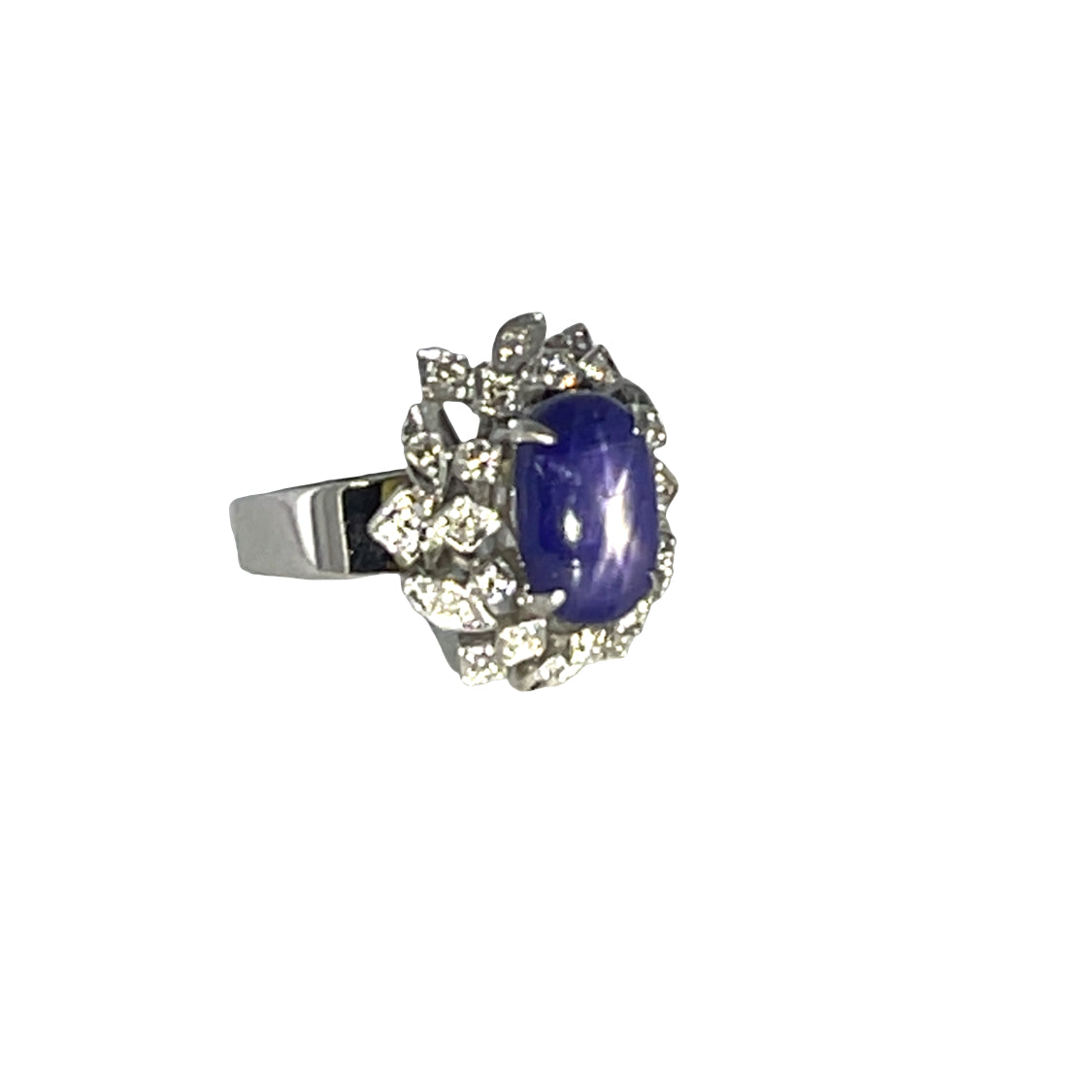Mid Century Modern 10K white gold, diamond and star sapphire ring