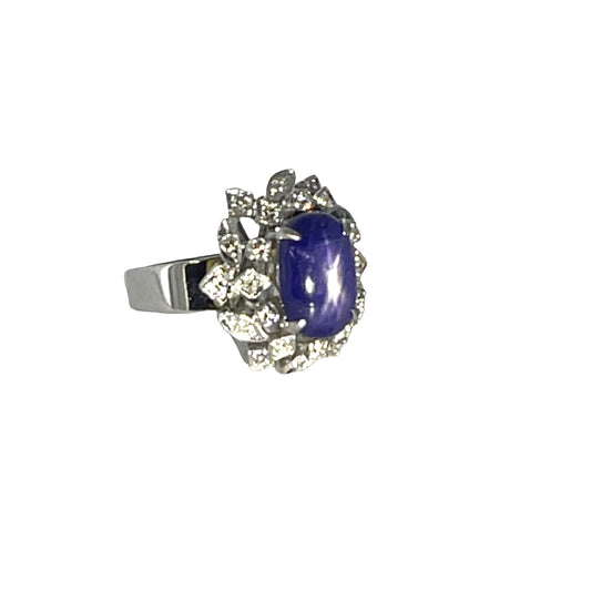 Mid Century Modern 10K white gold, diamond and star sapphire ring