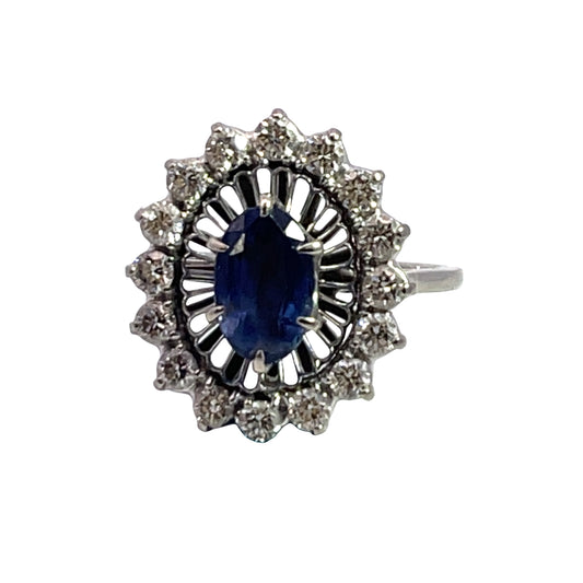 Modern 18K white gold diamond and sapphire ring