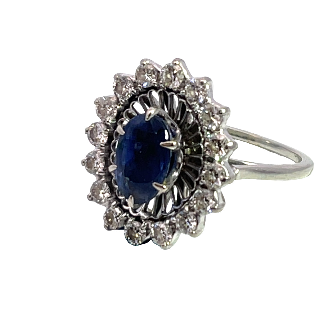 Modern 18K white gold diamond and sapphire ring