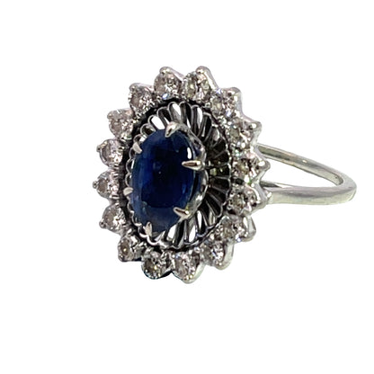 Modern 18K white gold diamond and sapphire ring
