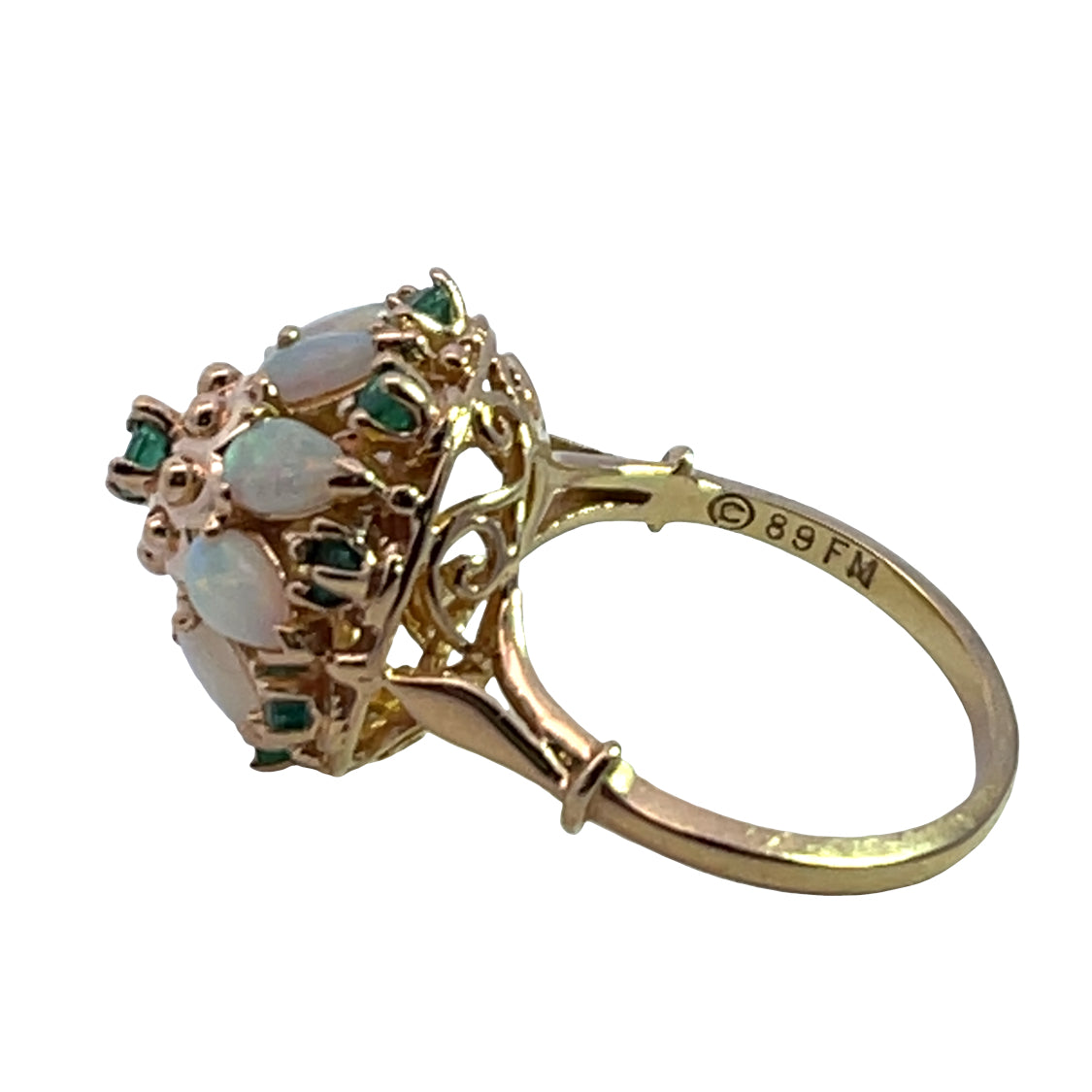 Modern 14KY gold, opal and emerald 'Princess' ring