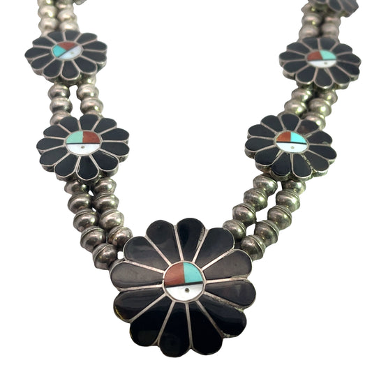 Native American Sterling Silver Mother of Pearl, onyx, coral, turquoise necklace