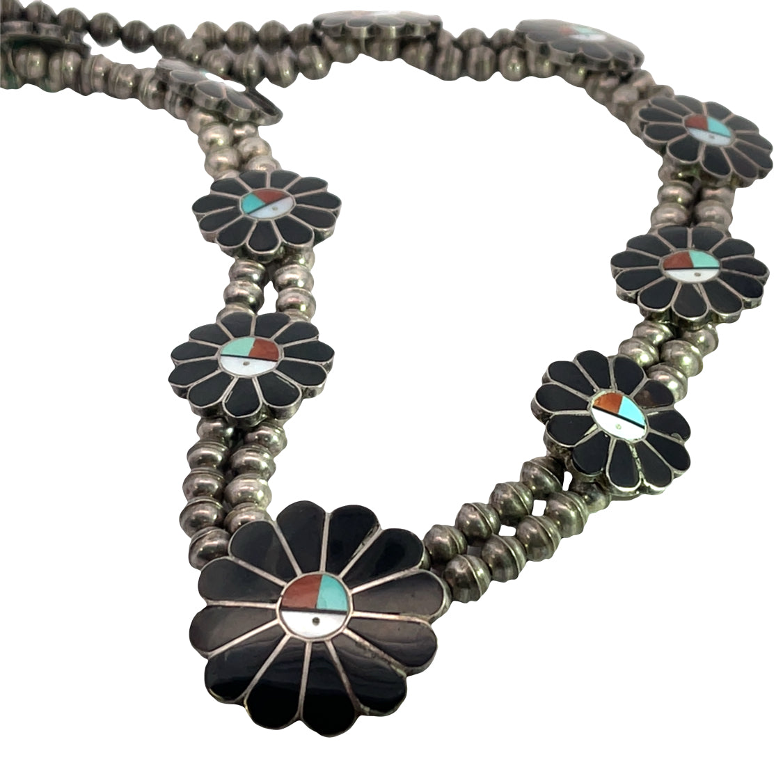 Native American Sterling Silver Mother of Pearl, onyx, coral, turquoise necklace