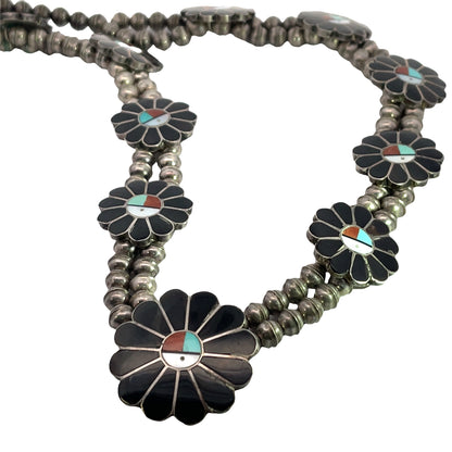 Native American Sterling Silver Mother of Pearl, onyx, coral, turquoise necklace