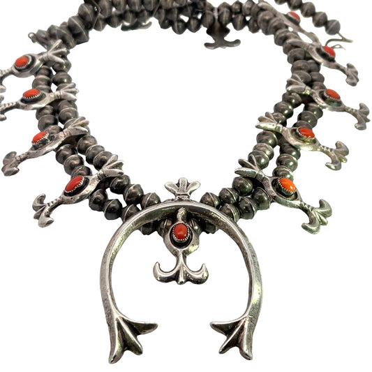 Native American Sterling Silver and coral Squash Blossom Necklace