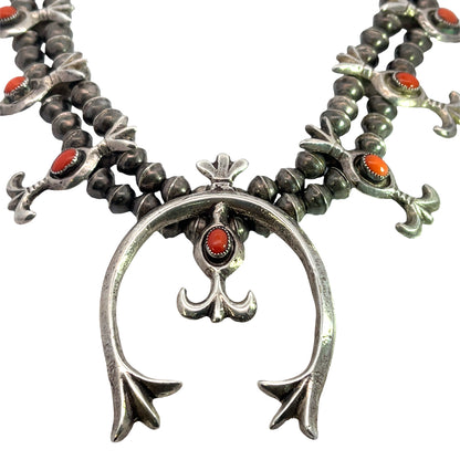 Native American Sterling Silver and coral Squash Blossom Necklace