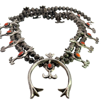 Native American Sterling Silver and coral Squash Blossom Necklace