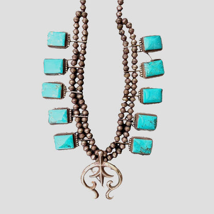 Native American Sterling Silver Kingman turquoise squash blossom necklace