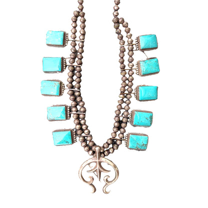 Native American Sterling Silver Kingman turquoise squash blossom necklace