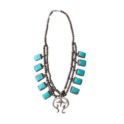 Native American Sterling Silver Kingman turquoise squash blossom necklace
