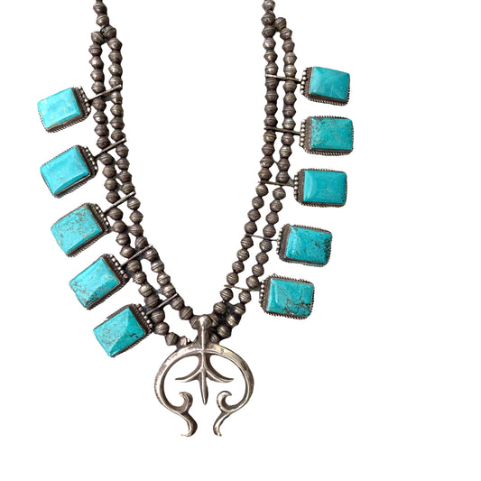 Native American Sterling Silver Kingman turquoise squash blossom necklace
