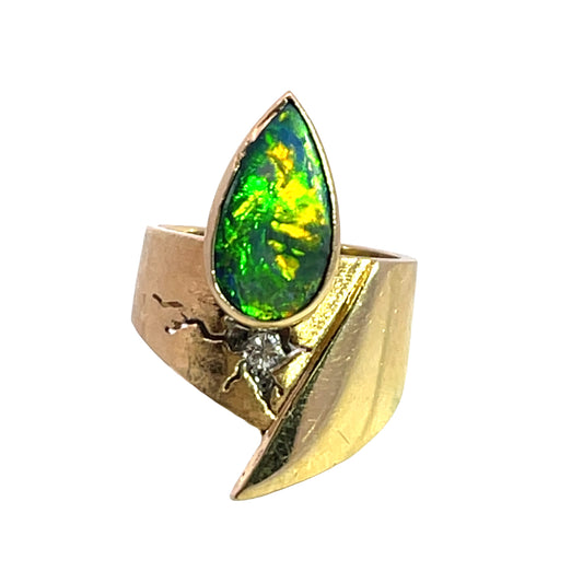 Modern 14KY gold, diamond and Lightning Ridge opal ring