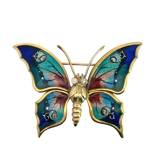 Modern 18KY gold and enamel butterfly brooch