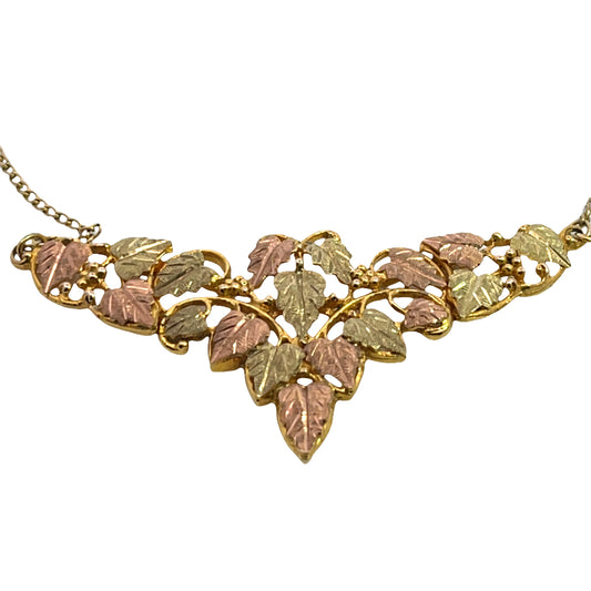 Modern 10KY, rose and green Black Hills gold with gold fill chain pendant