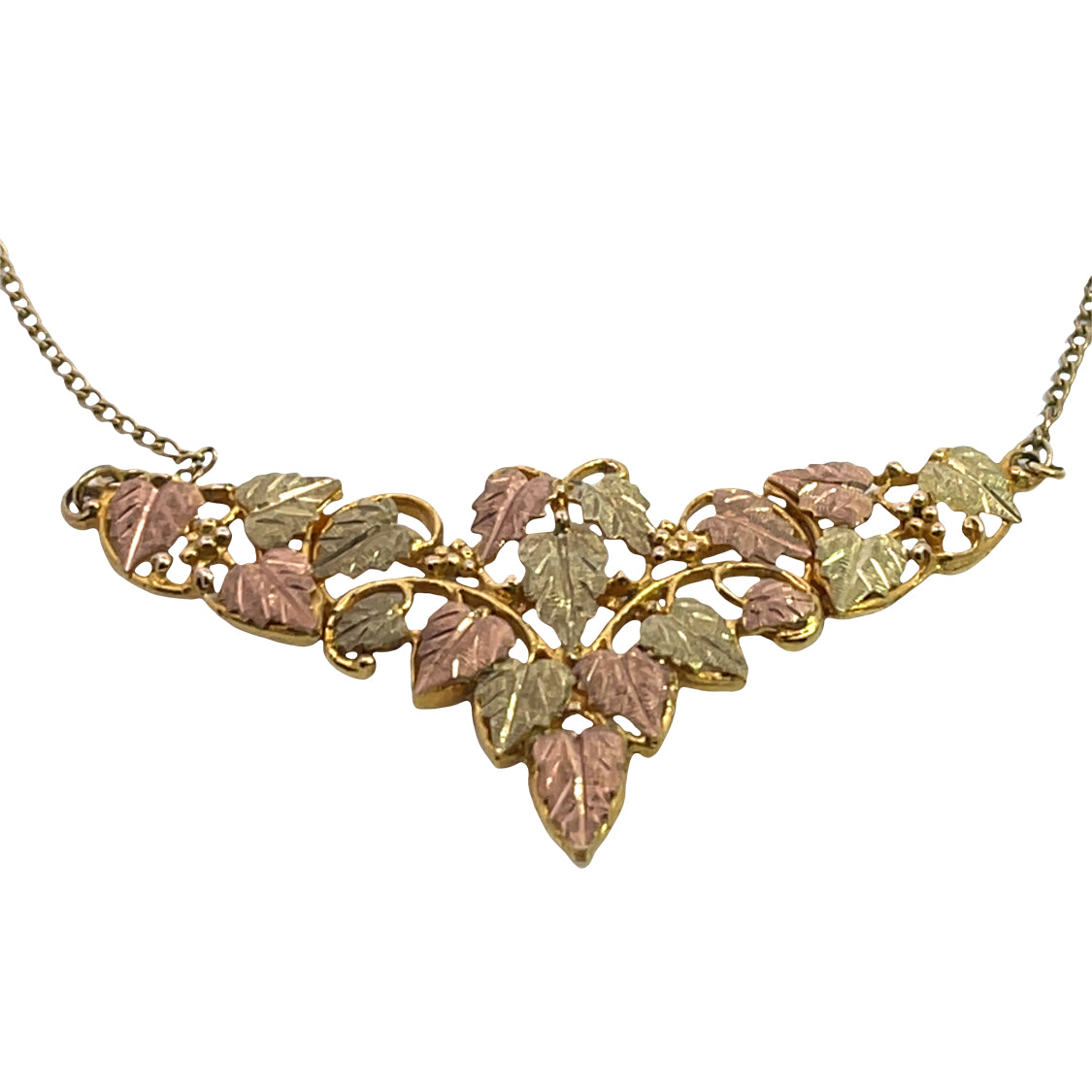 Modern 10KY, rose and green Black Hills gold with gold fill chain pendant