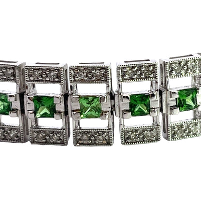 Modern 18K white tsavorite and diamond articulated link bracelet