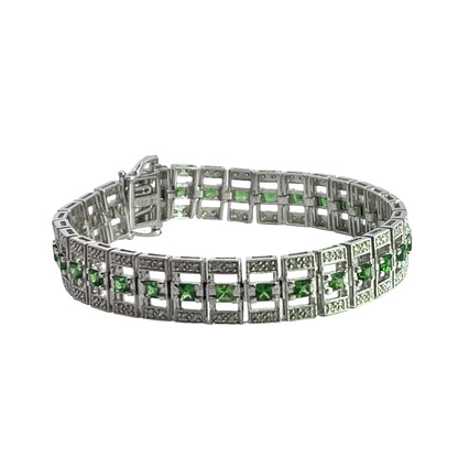Modern 18K white tsavorite and diamond articulated link bracelet