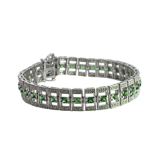 Modern 18K white tsavorite and diamond articulated link bracelet
