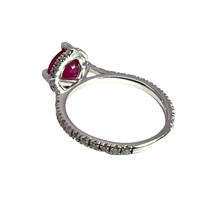 Modern 18K white gold, Burmese ruby, and diamond halo ring