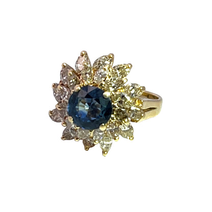 Modern, 14KY gold, Montana sapphire, diamond cocktail ring