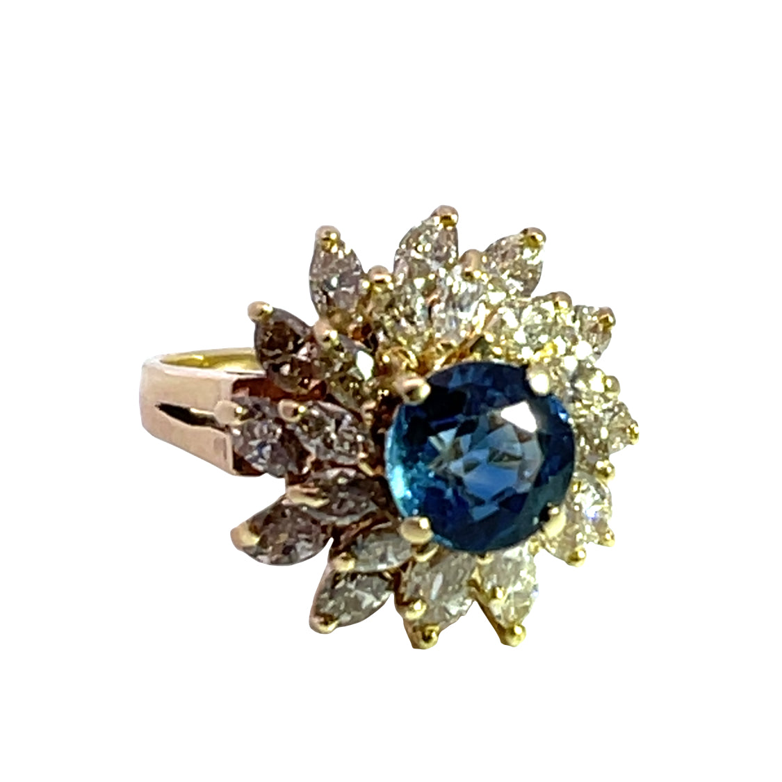 Modern, 14KY gold, Montana sapphire, diamond cocktail ring